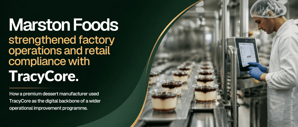 Marston Foods transforms factory operations and strengthens retail compliance with TracyCore — an operator in whites and a hairnet using a touchscreen terminal beside a conveyor of layered desserts.
