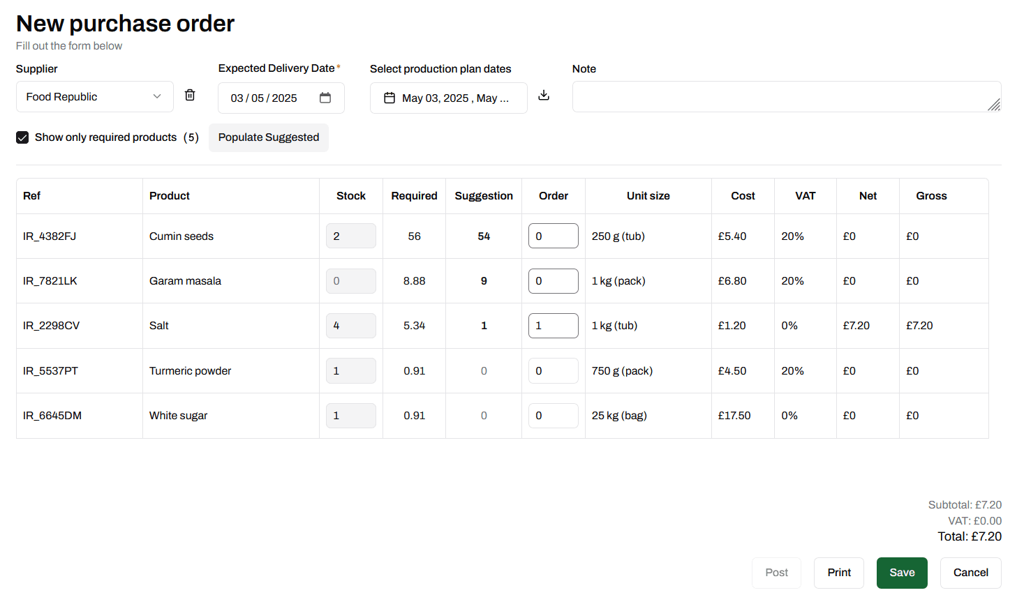 TracyCore purchase order screen showing supplier orders and goods-in status