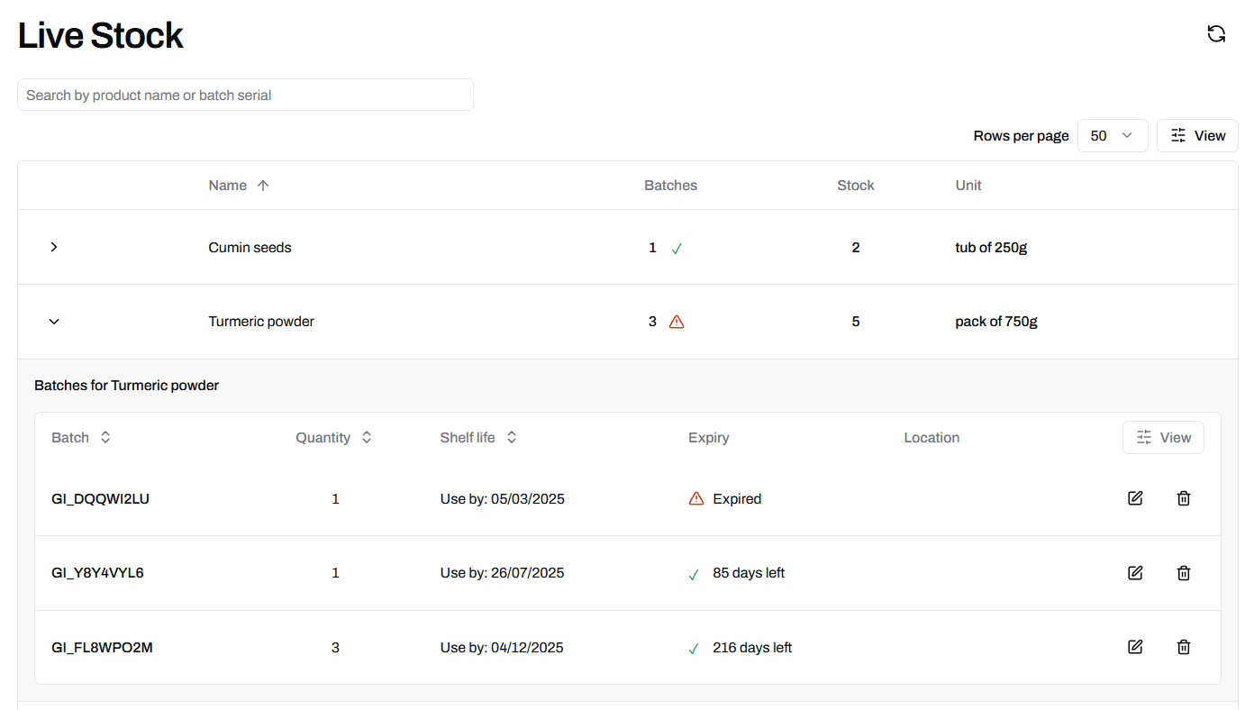 TracyCore stock screen showing live quantities by location, batch and expiry date